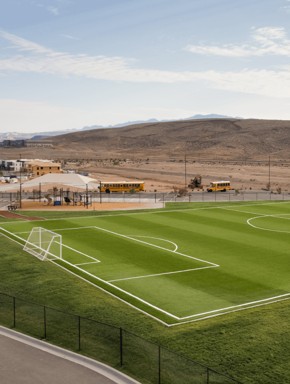 Arial view of a soccer field at desert color