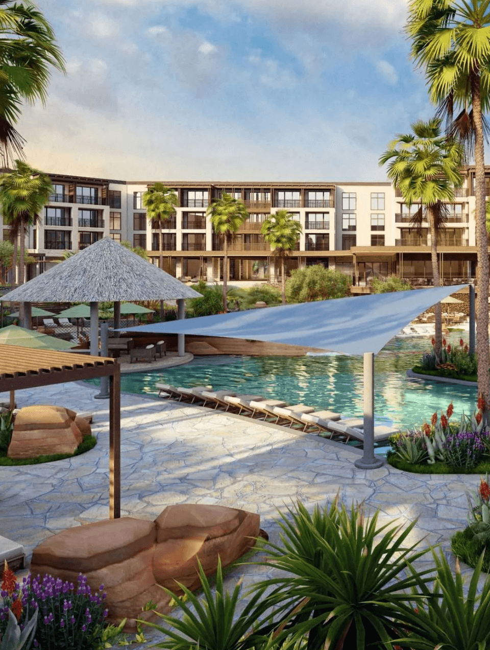 arial view of a poolside at desert color