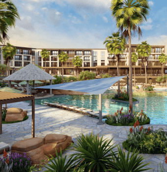 Arial view of poolside at desert color