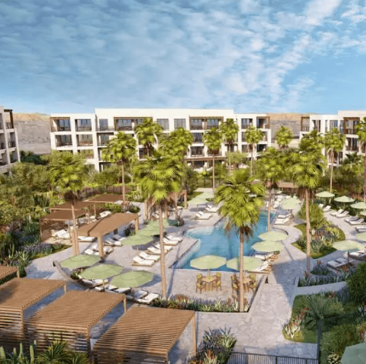 arial view of a poolside at desert color