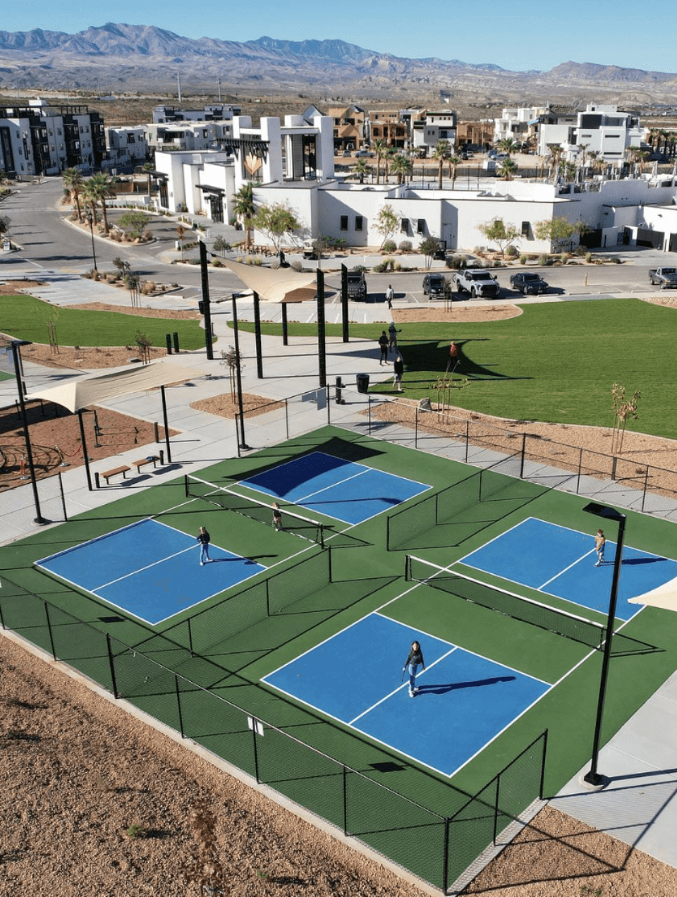 Arial view of the pickleball courts in desert color