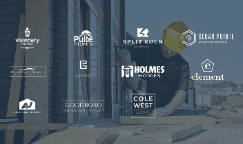Construction worker in a hard hat using a power drill at a jobsite, with multiple home builder logos overlaid (Visionary Homes, Pulte Homes, Split Rock Custom Homes, Cedar Pointe Custom Homes, Holmes Homes, Element, AJ Construction, Carefree Homes, Goodboro, Cole West Home).